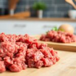 A skillet with ground beef being browned on a stovetop, alongside a slow cooker in the background.