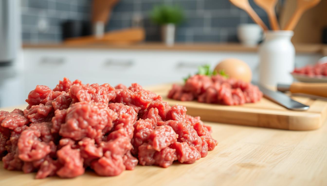 A skillet with ground beef being browned on a stovetop, alongside a slow cooker in the background.