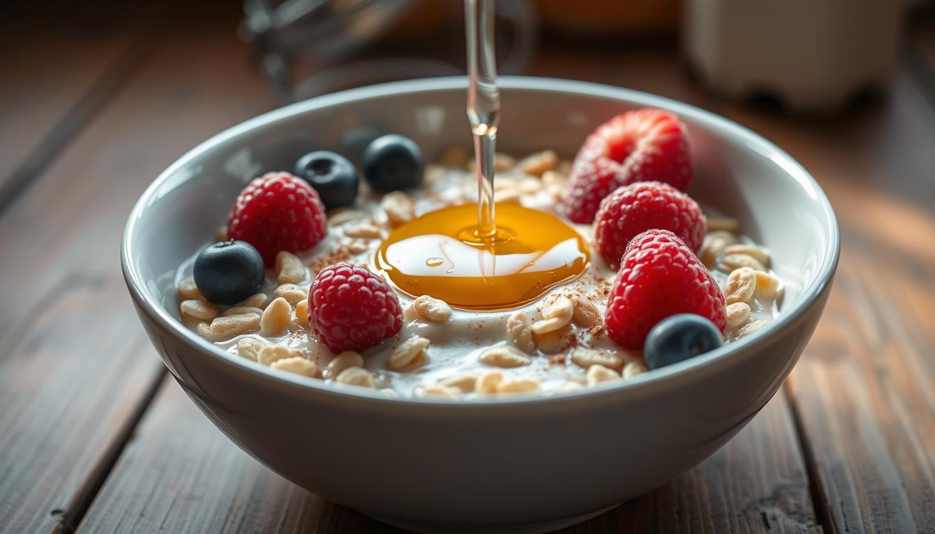 A saucepan filled with freshly cooked Cream of Wheat, topped with cinnamon, bananas, and berries, with a spoon ready to serve.