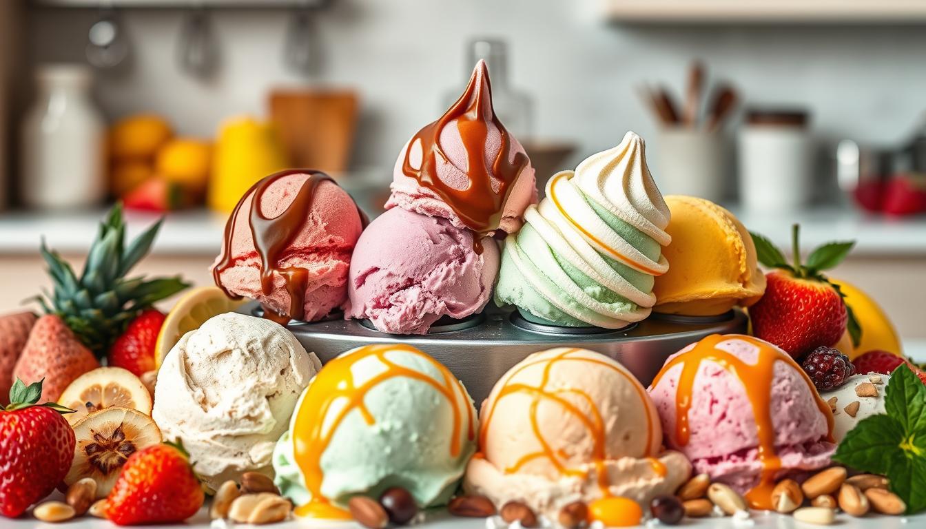 A bowl of freshly churned ice cream made with the Ninja CREAMi, garnished with sprinkles and served on a wooden table.