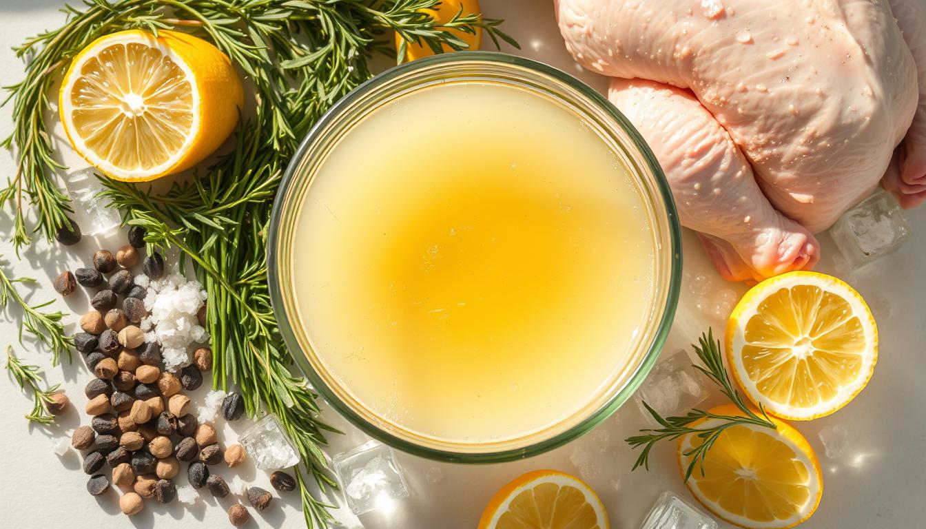 A raw chicken submerged in a bowl of simple brine with herbs, spices, and lemon slices, ready for marination.