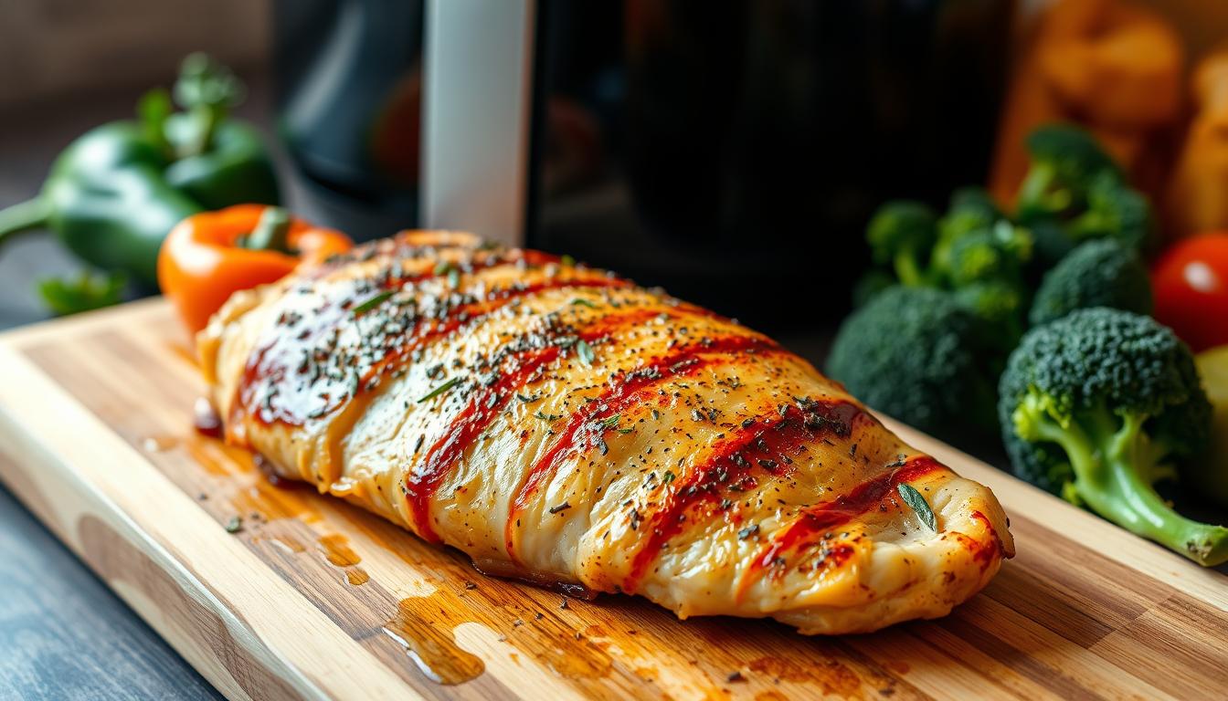 Perfectly baked thin chicken breasts on a baking tray, garnished with fresh herbs and lemon slices, ready to serve.