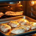 A perfectly baked thin chicken breast on a plate, garnished with fresh herbs and a side of vegetables.