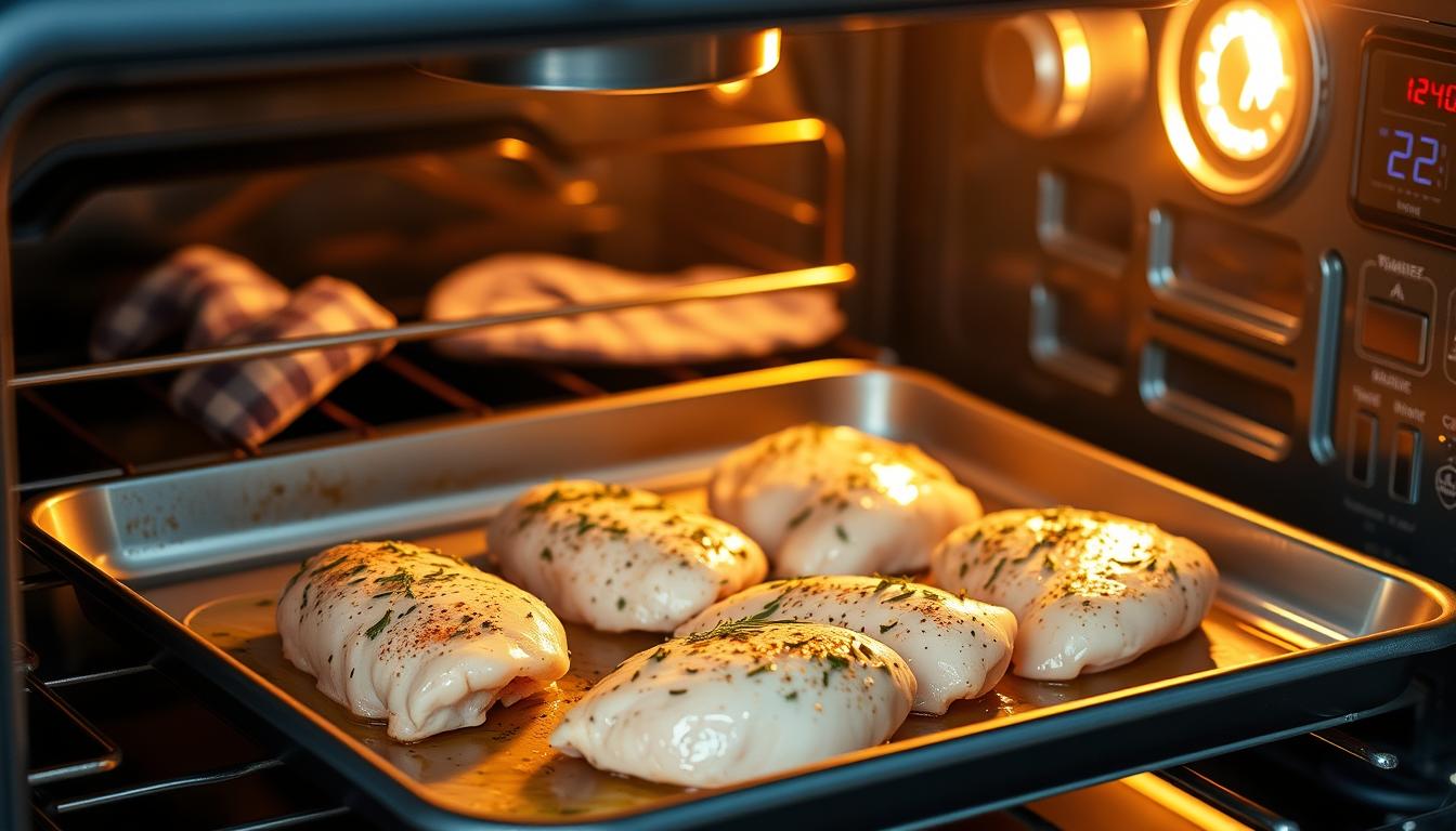 A perfectly baked thin chicken breast on a plate, garnished with fresh herbs and a side of vegetables.