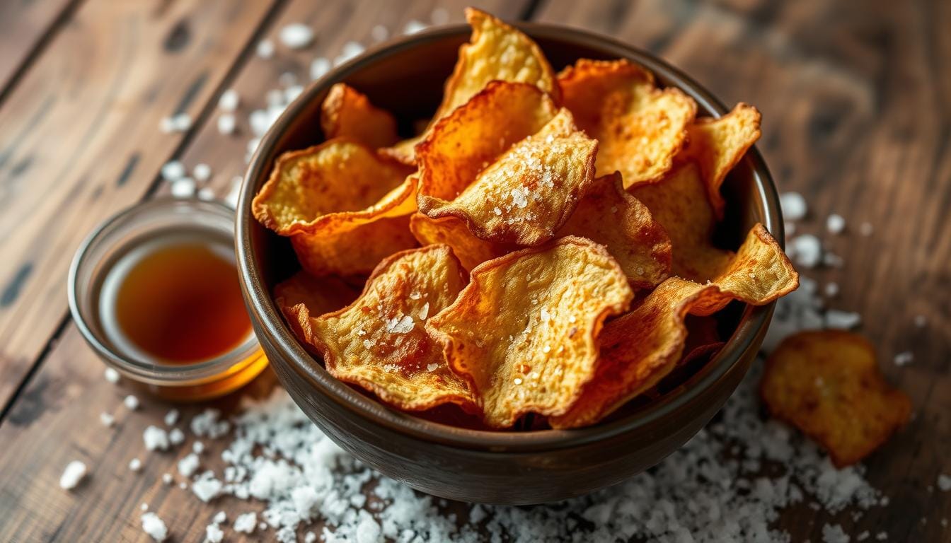 A bowl of crispy homemade salt and vinegar chips, with visible seasoning and a tangy, crunchy texture.