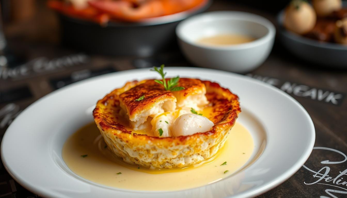 Crab brûlée in a white ramekin with a golden caramelized topping, garnished with herbs for a sophisticated presentation.