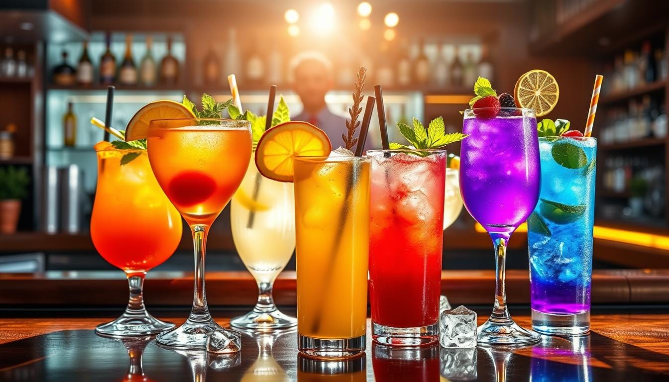 A vibrant Jalbitedrinks liquor bottle next to a glass filled with a colorful, refreshing cocktail.