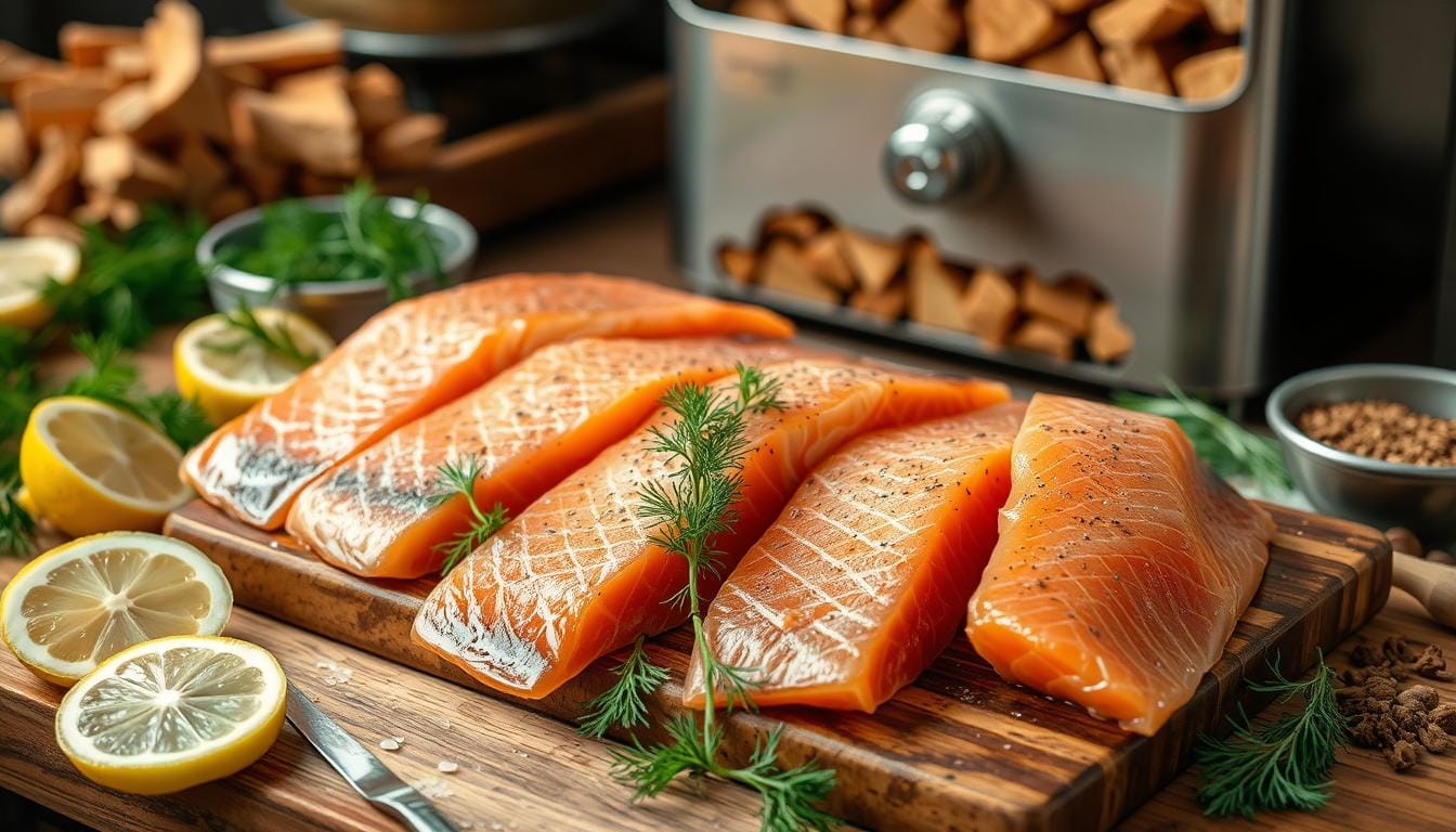 Golden smoked salmon fillet on a wooden plank next to smoking tools